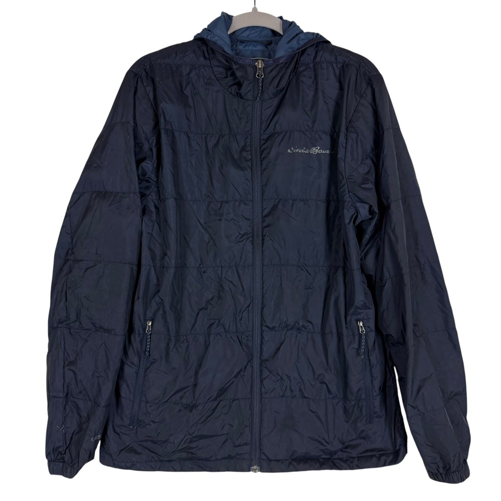 Eddie Bauer Jacket Mens Medium Blue Hooded Down Puffer Full Zip Pockets Outdoor